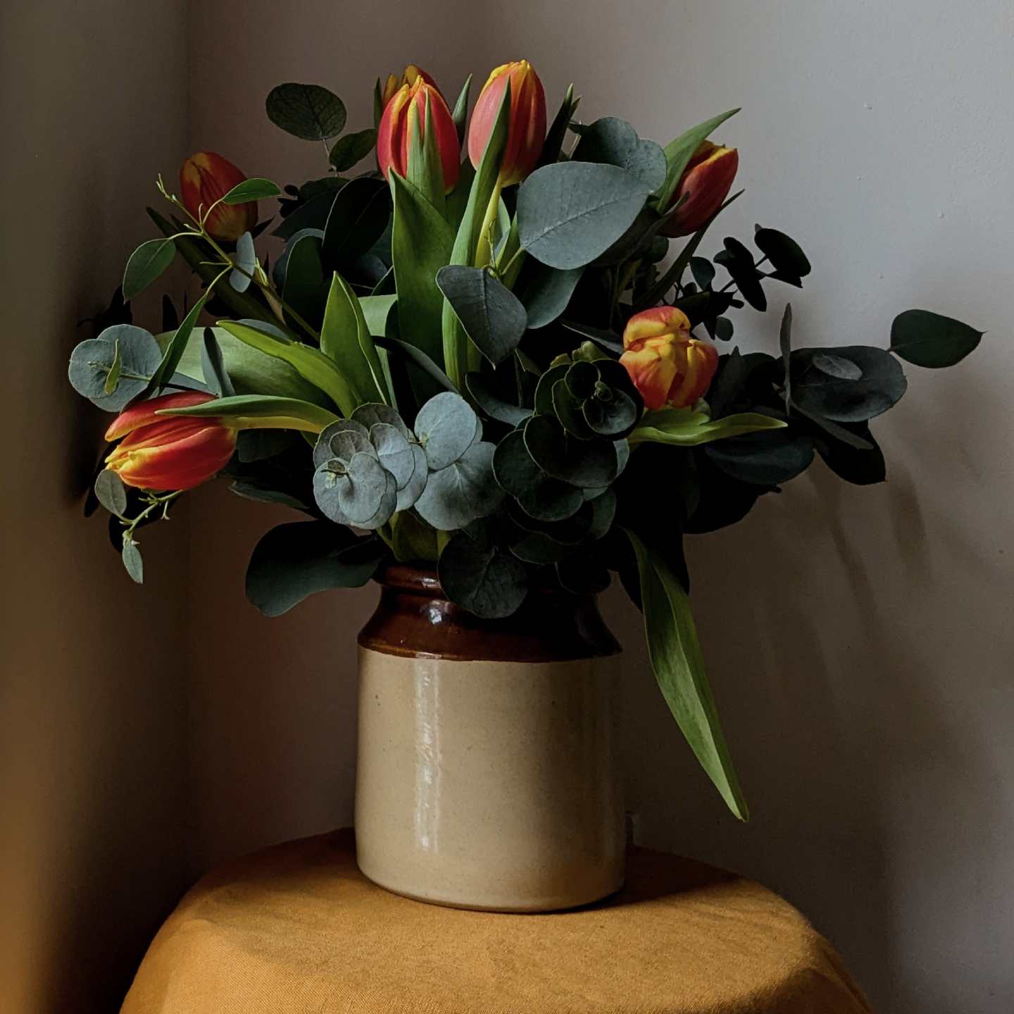 Tulips and eucalyptus
